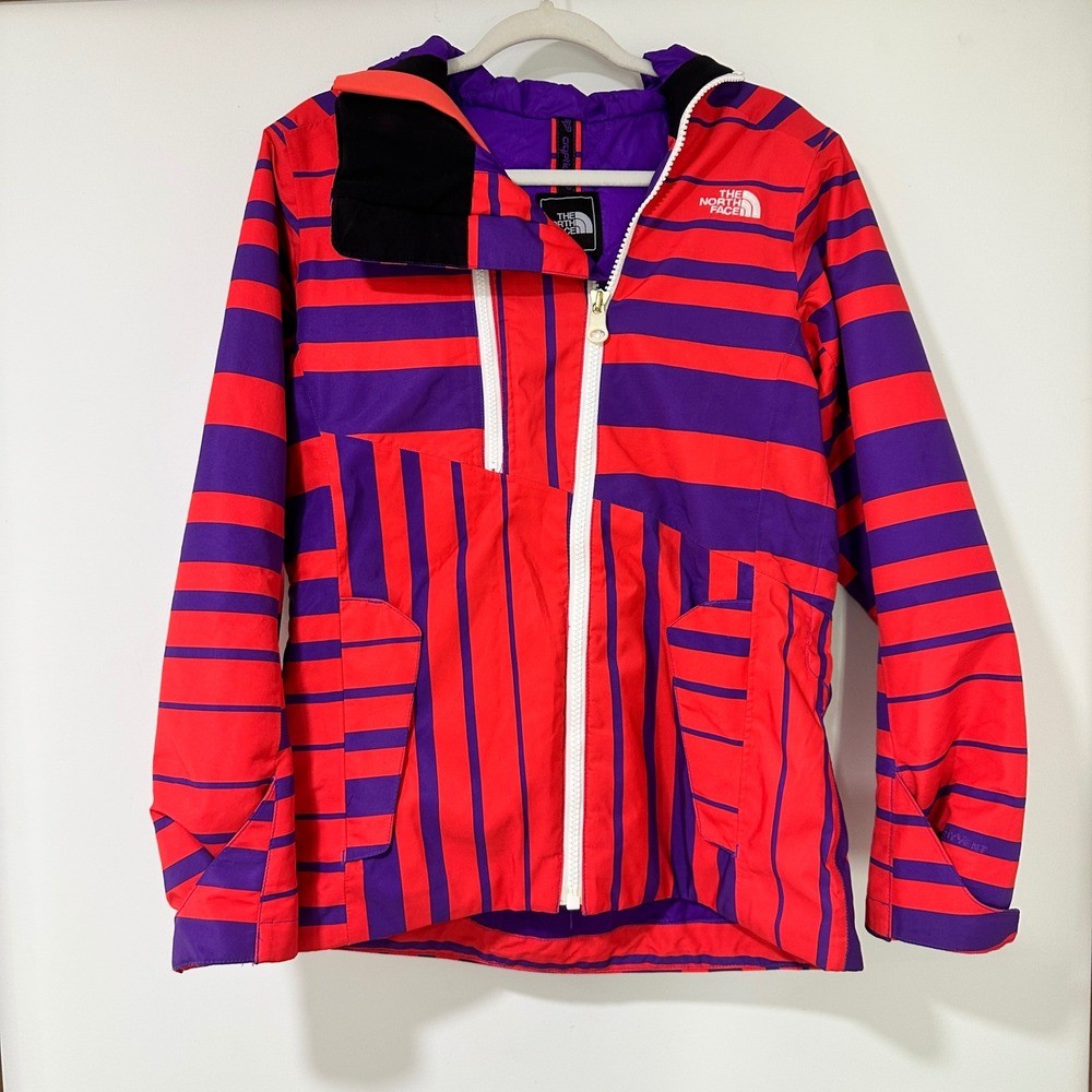 The North Face HyVent Ski Jacket Womens M Red Purple Striped Hooded Insulated